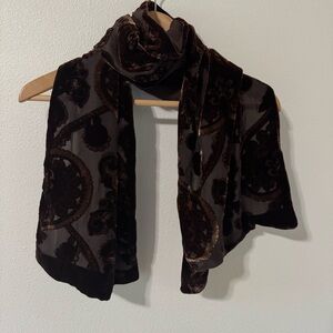 Nordstrom Silk Velvet Burnout Floral Whimsigoth Oblong Scarf Brown Italy-12x56”